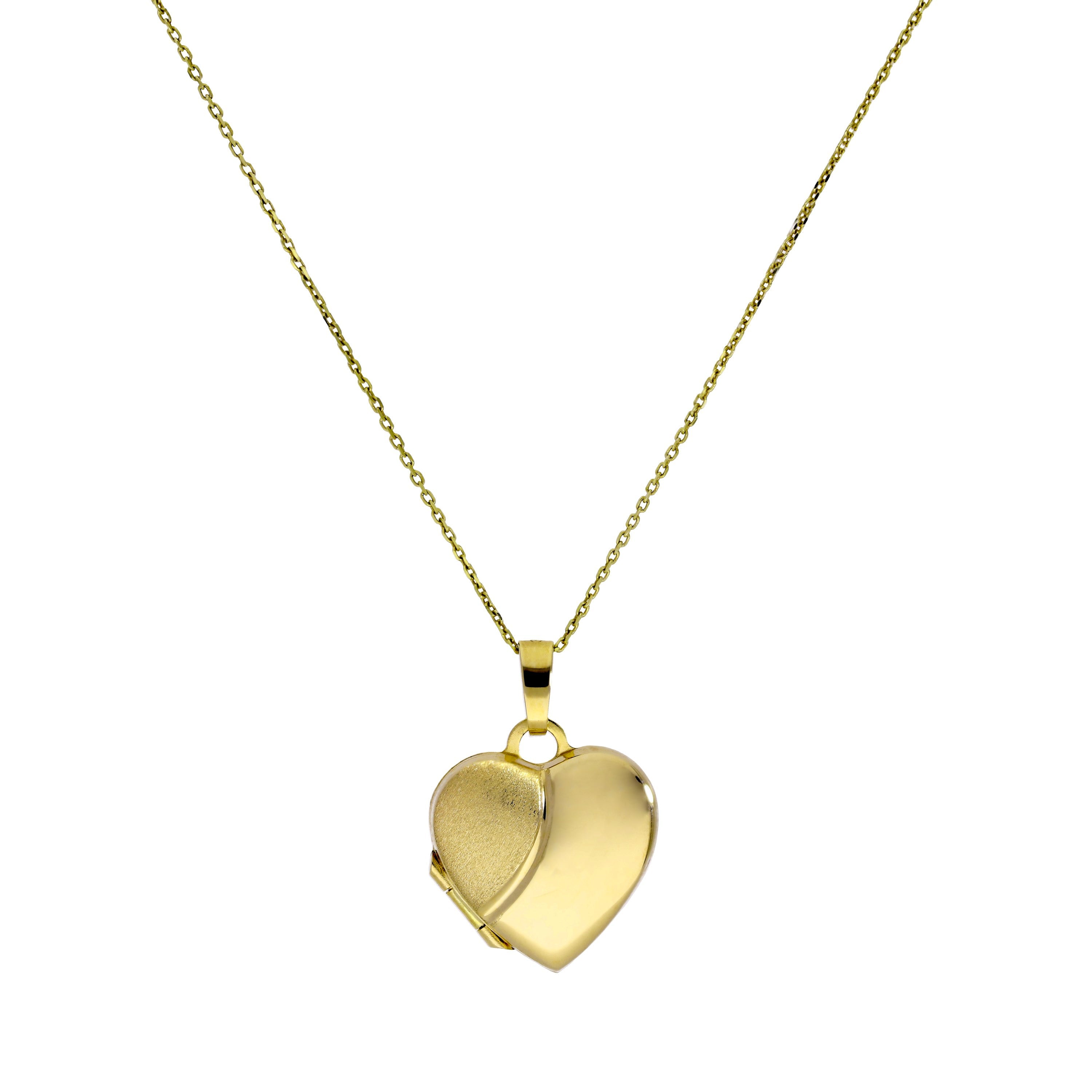Halskette mit herzförmigem Medaillon aus 9 Karat Gold, gravierbar, matt und poliert, 16–20 Zoll