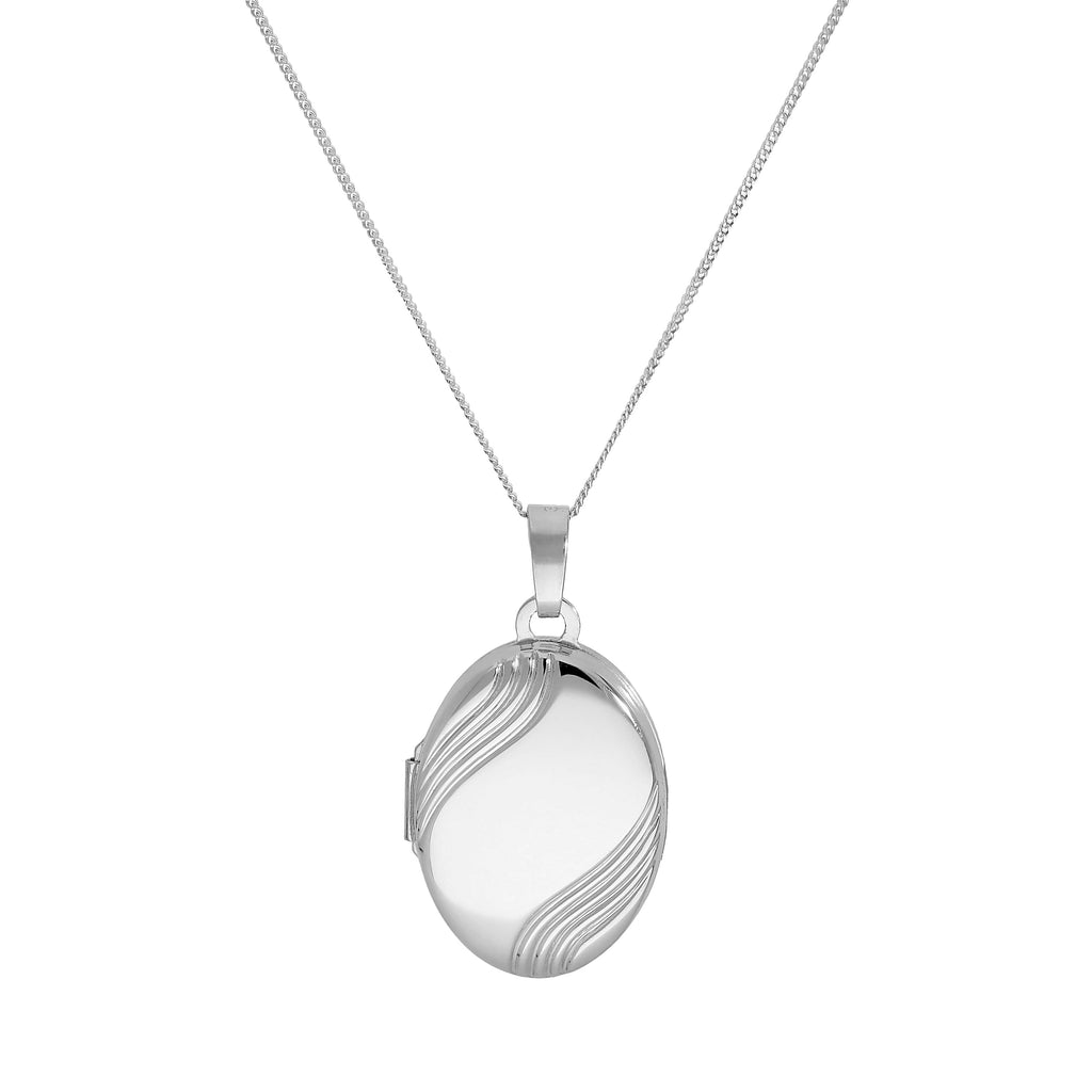 9 Karat Weißgold gravierbares ovales Medaillon mit wellenförmigem Design an Kette 16 - 18 Zoll