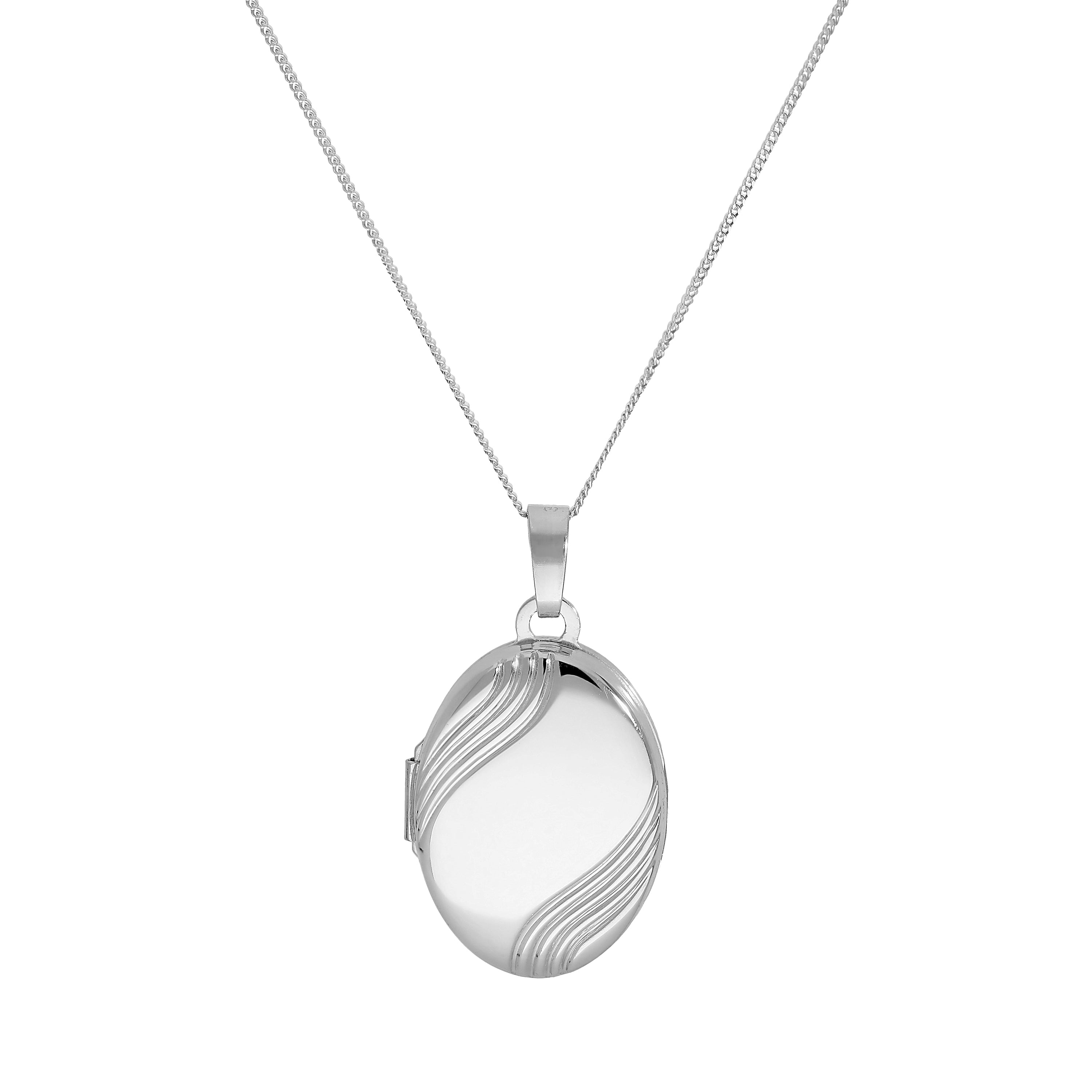 9 Karat Weißgold gravierbares ovales Medaillon mit wellenförmigem Design an Kette 16 - 18 Zoll