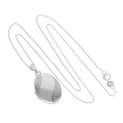 9 Karat Weißgold gravierbares ovales Medaillon mit wellenförmigem Design an Kette 16 - 18 Zoll