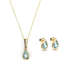 Set aus Anhänger und Ohrsteckern aus 9 Karat Gold mit Geburtsstein für den Monat März