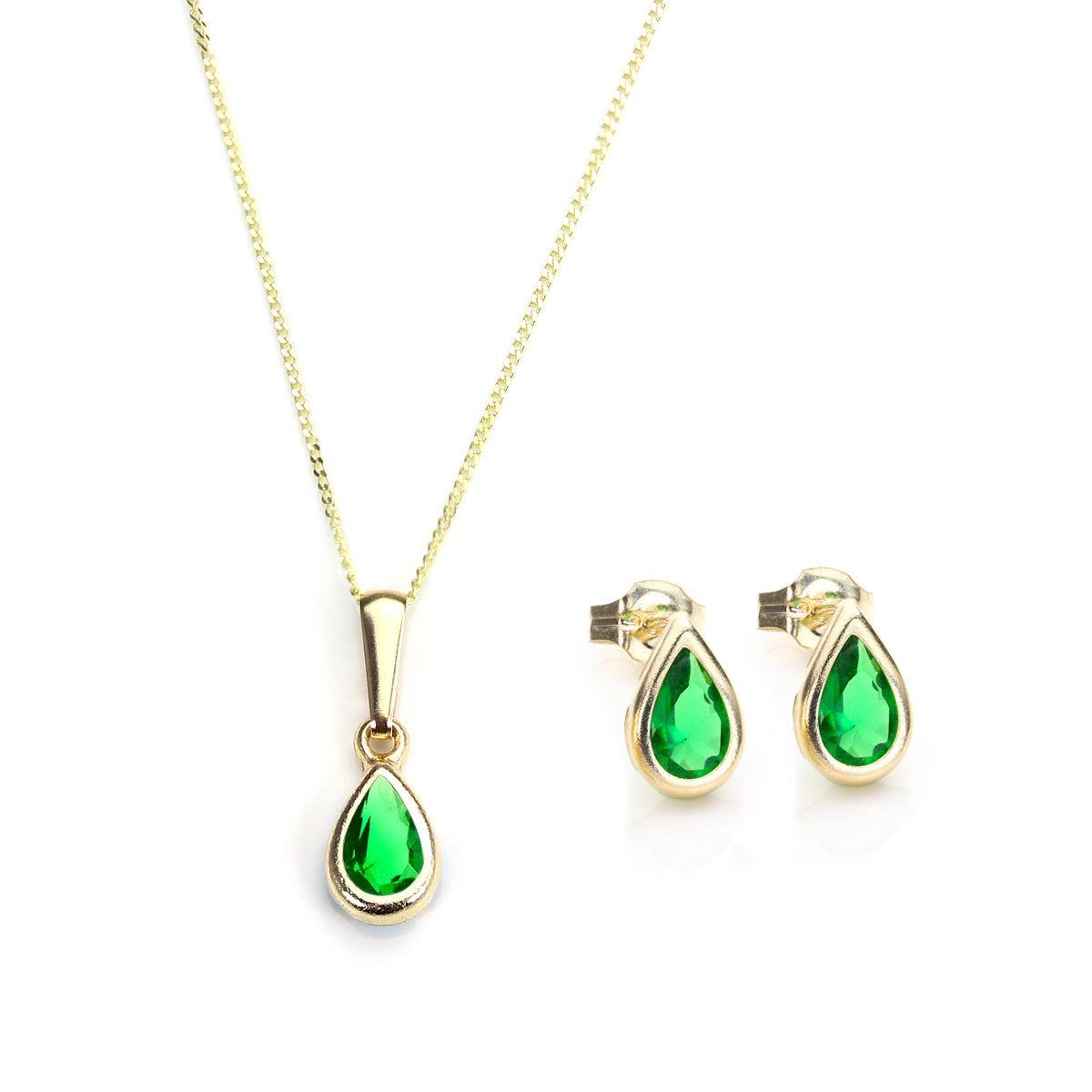 Set aus Anhänger und Ohrsteckern aus 9 Karat Gold mit Geburtsstein für den Monat Mai