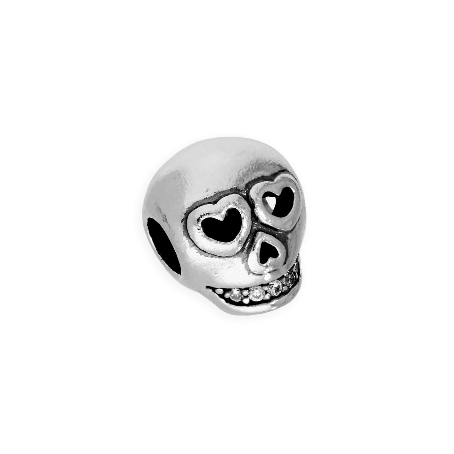 Sterlingsilber & Klar CZ Kristall Totenkopf mit Herzen Anhänger zum Auffädeln