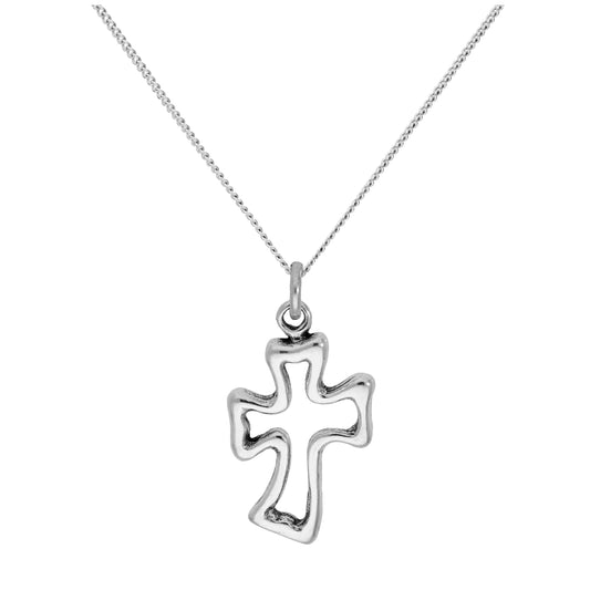 Sterlingsilber Kurviges Kreuz Anhänger an 40,5+5cm Diamantschliff Kette