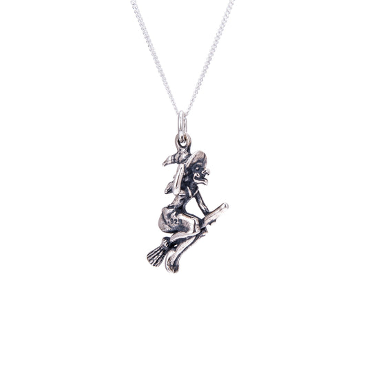 Sterlingsilber Hexe auf Besenstiel Halskette