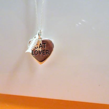 Sterlingsilber "Cat Lover" Herz & Fischgräte Halskette