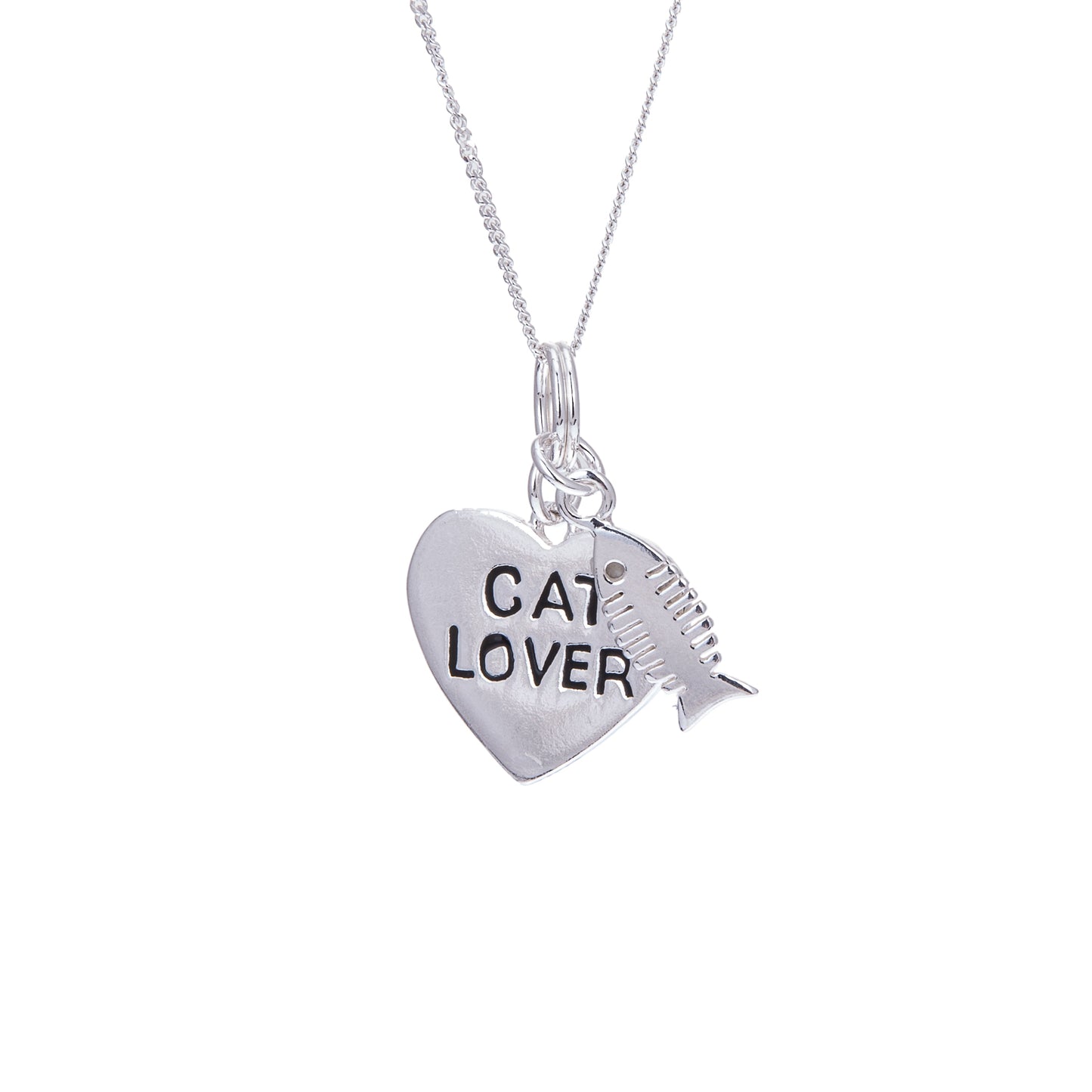 Sterlingsilber "Cat Lover" Herz & Fischgräte Halskette
