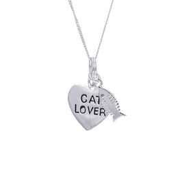 Sterlingsilber "Cat Lover" Herz & Fischgräte Halskette