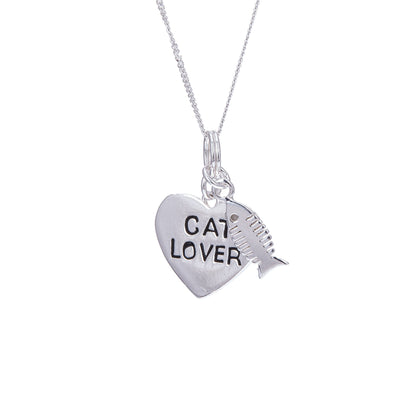 Sterlingsilber "Cat Lover" Herz & Fischgräte Halskette