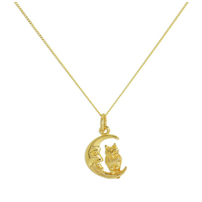 9 Karat Gold Eule auf Mond Sitzend Halskette - 45,5cm Kette