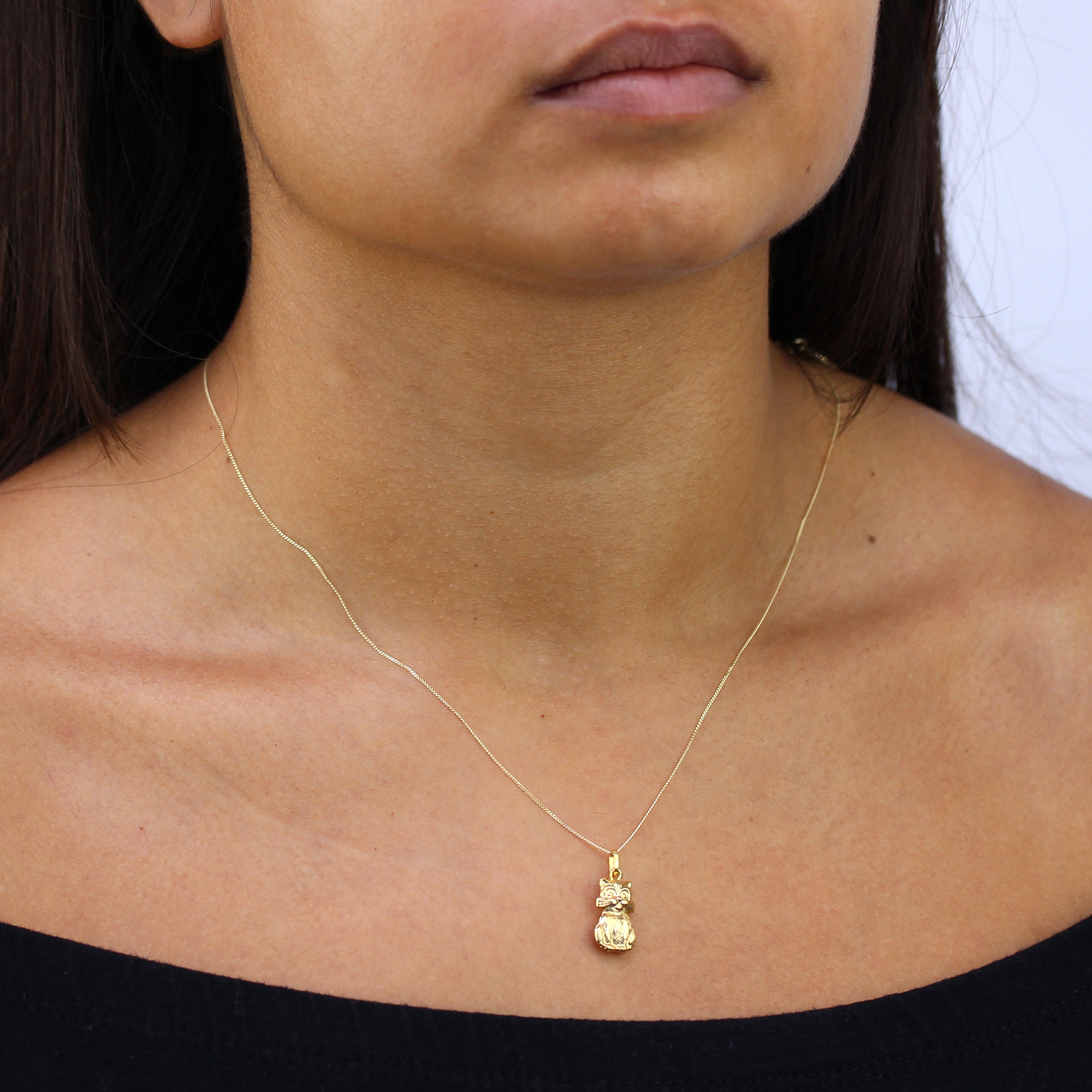 9 Karat Gold Hohl Katze Halskette - 45,5 cm Kette