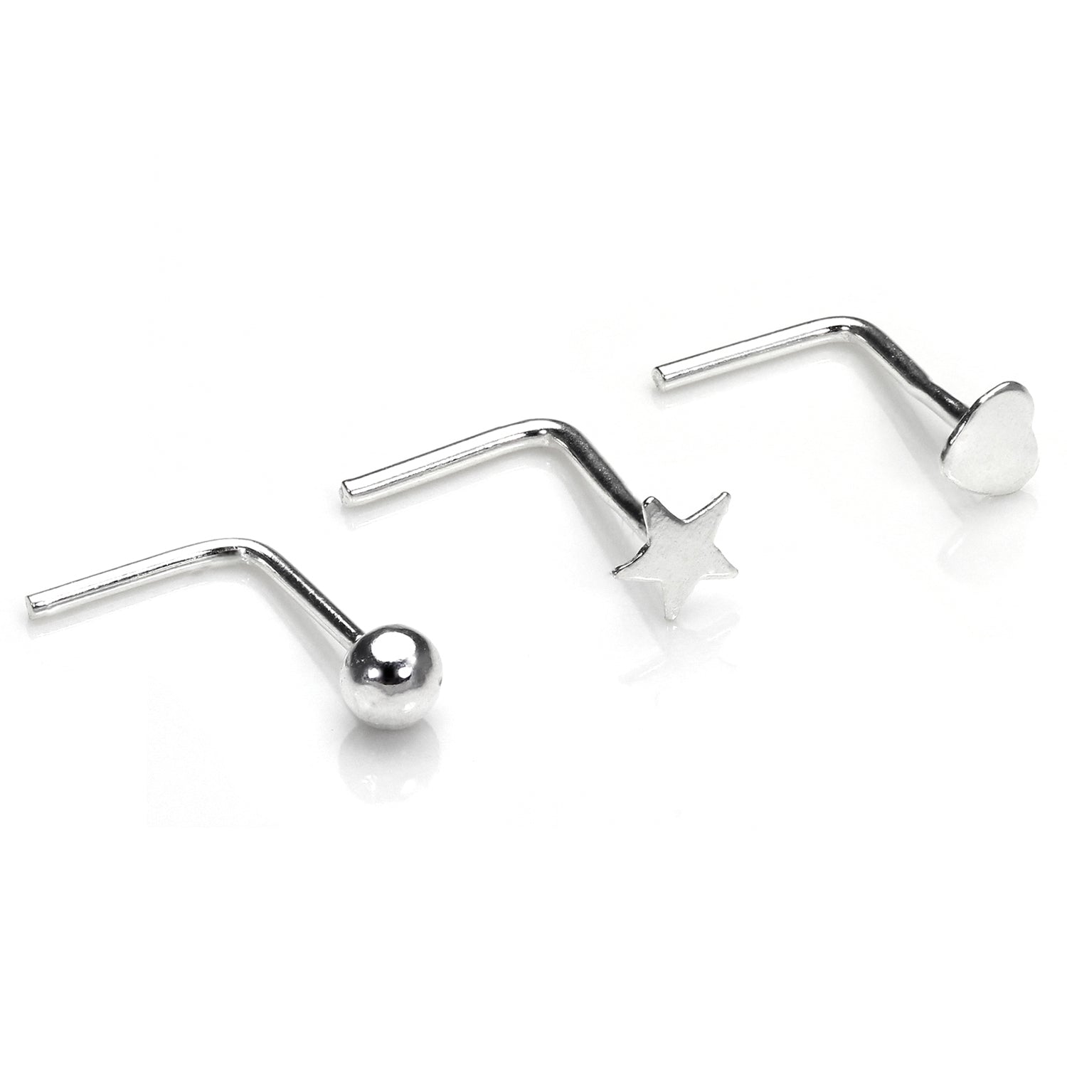 Sterlingsilber Stern Herz und Kugelende Nasenstecker Satz