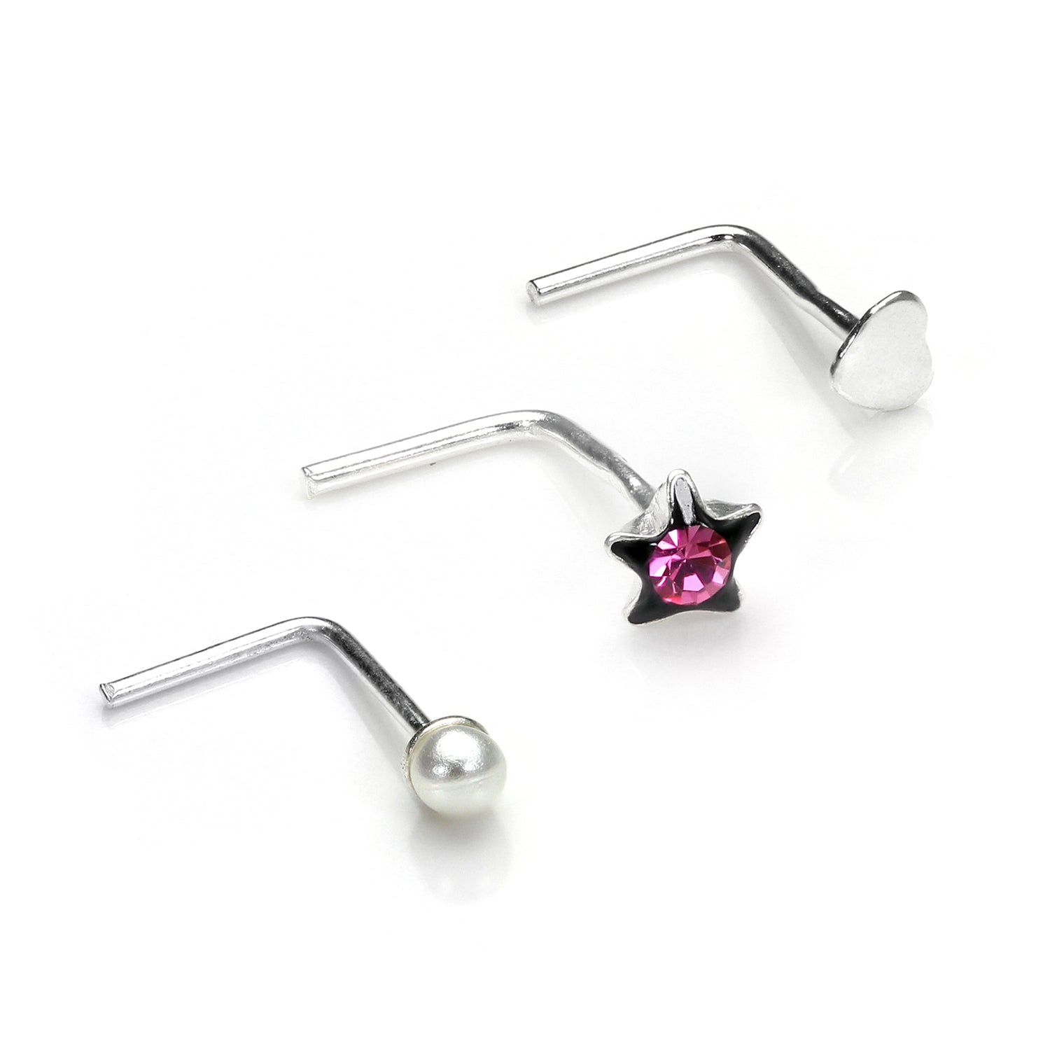 Sterlingsilber Liebesherz Perle & Stern L - förmig Nasenstecker Satz