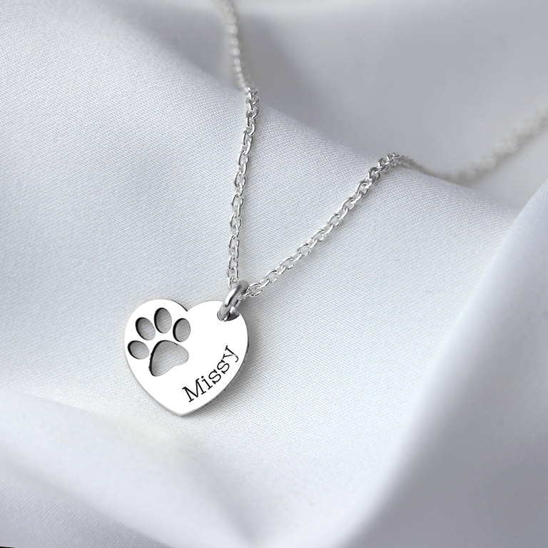 Personalised Sterling Silver Paw Name Heart Necklace