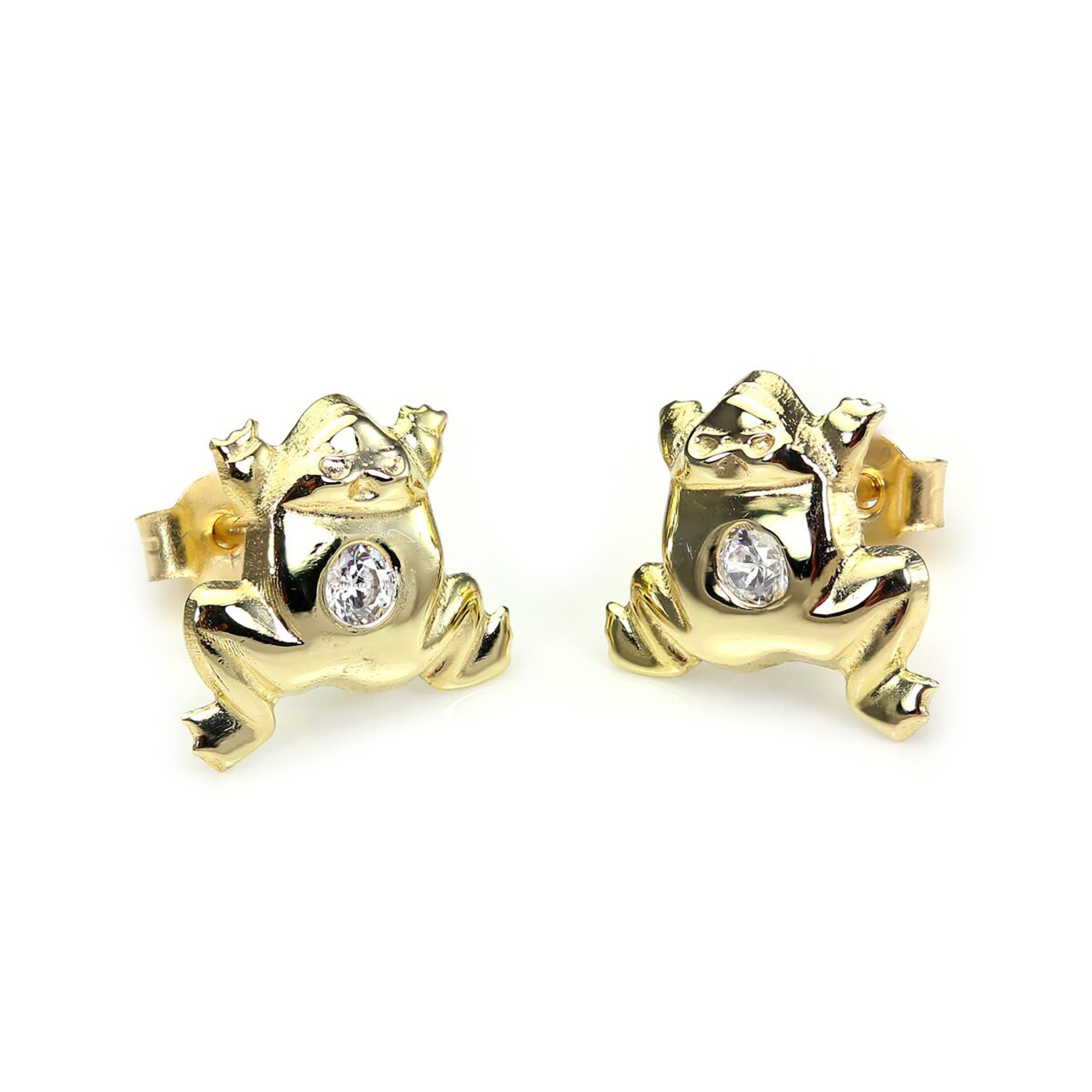 9 Karat Gelbgold Klar Kristall Springender Frosch Ohrstecker