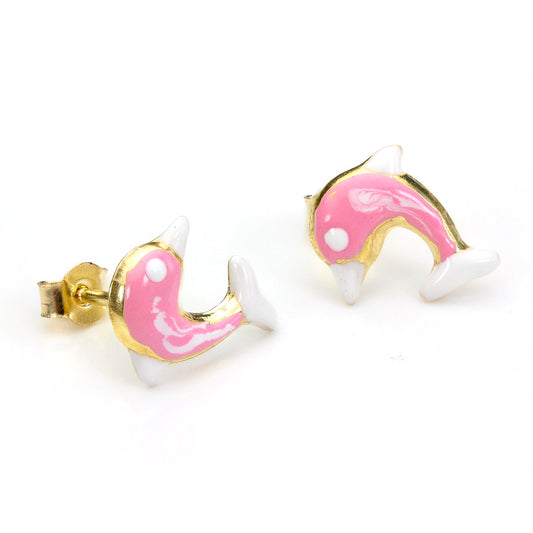 9 Karat Gelbgold Rosa Emaille Delfin Ohrstecker