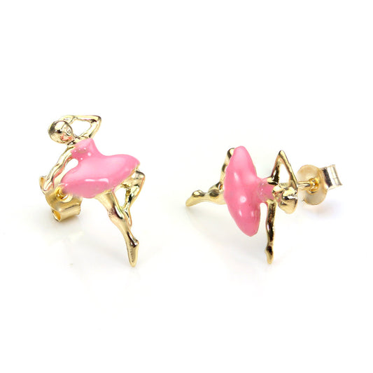 9 Karat Gelbgold Rosa Emaille Ballerina Ohrstecker