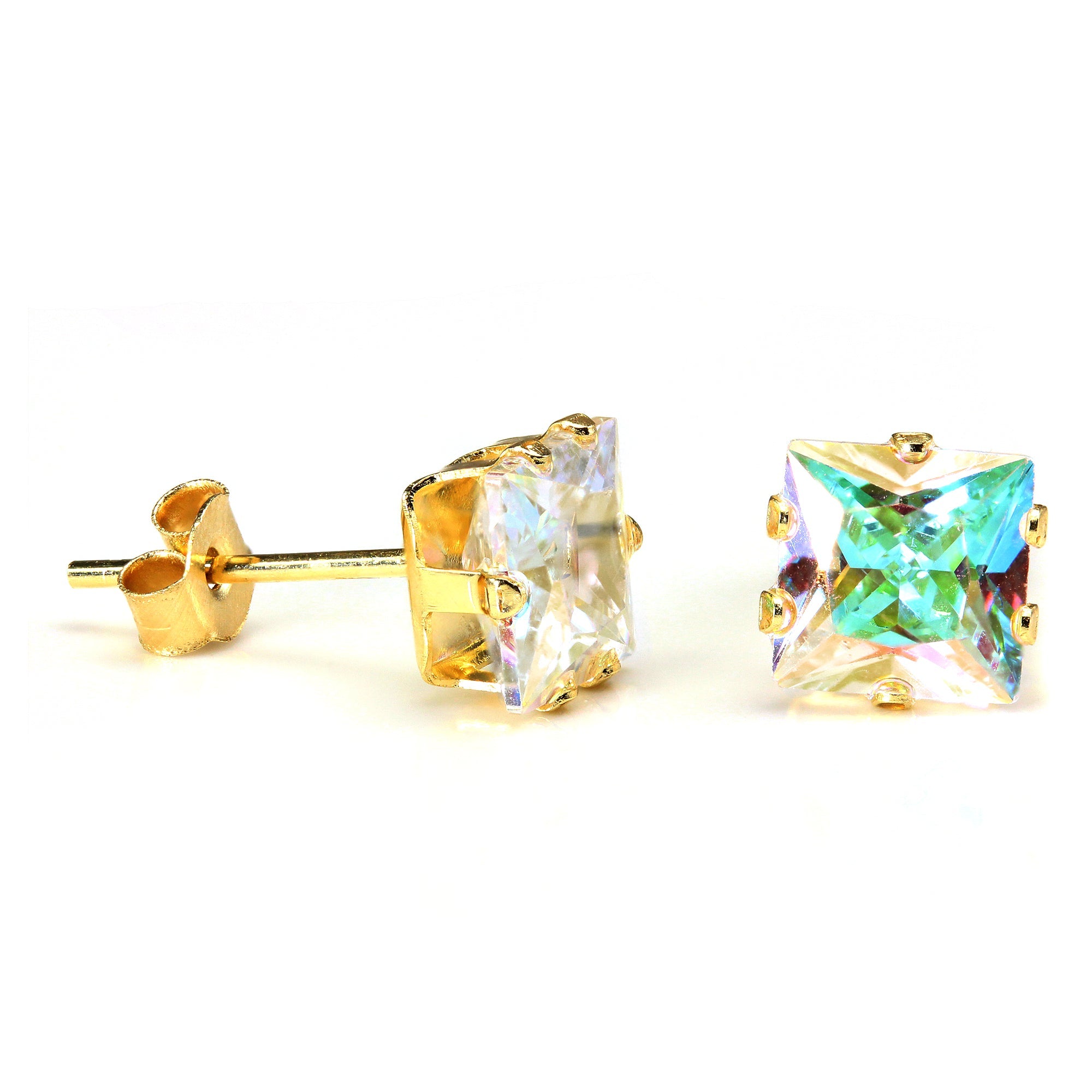 9 Karat Gold & 6 mm Quadrat Aurora Borealis Kristall Ohrstecker