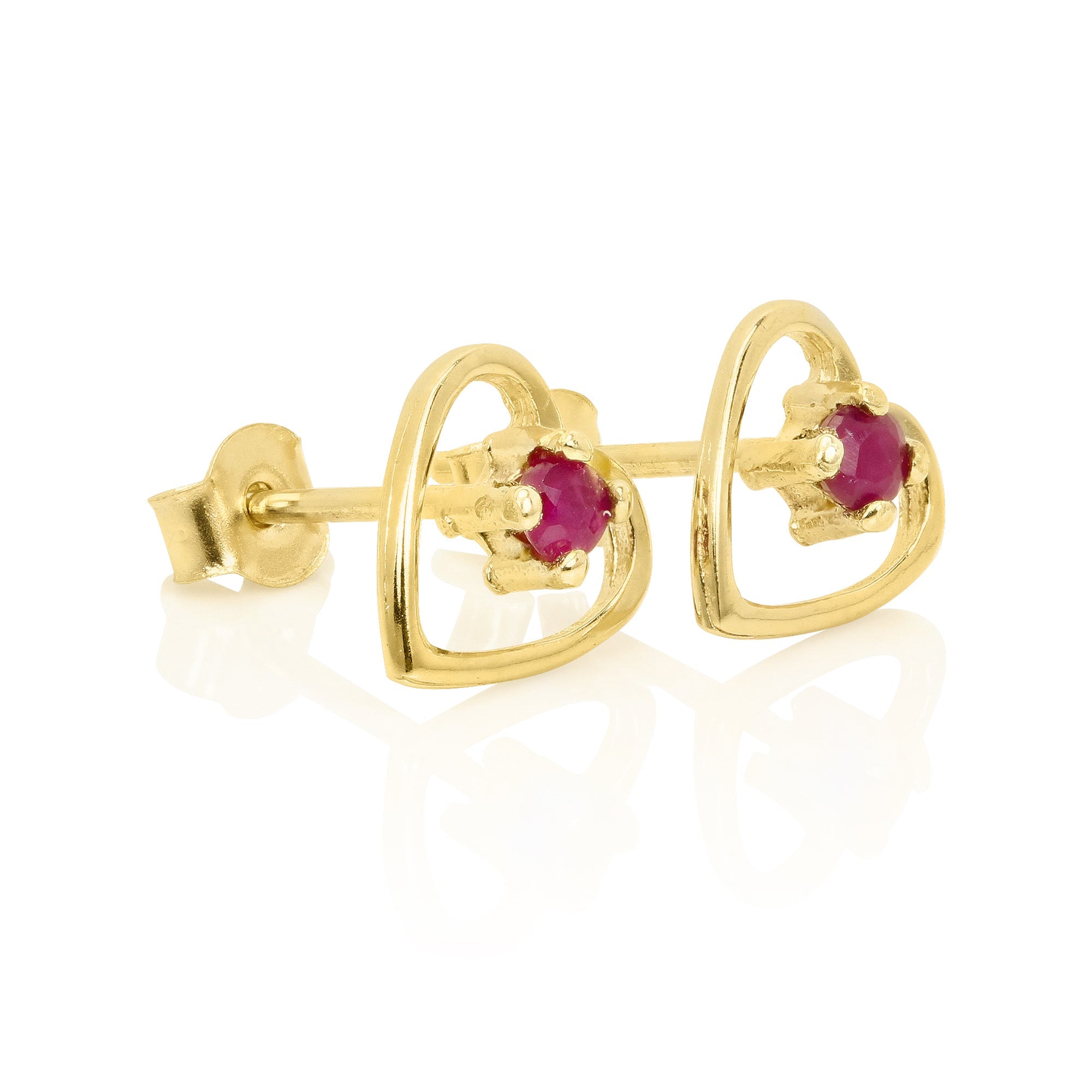 9 Karat Gold & 2 mm Edelstein Ohrstecker mit offenem Herz - Smaragd Saphir Rubin