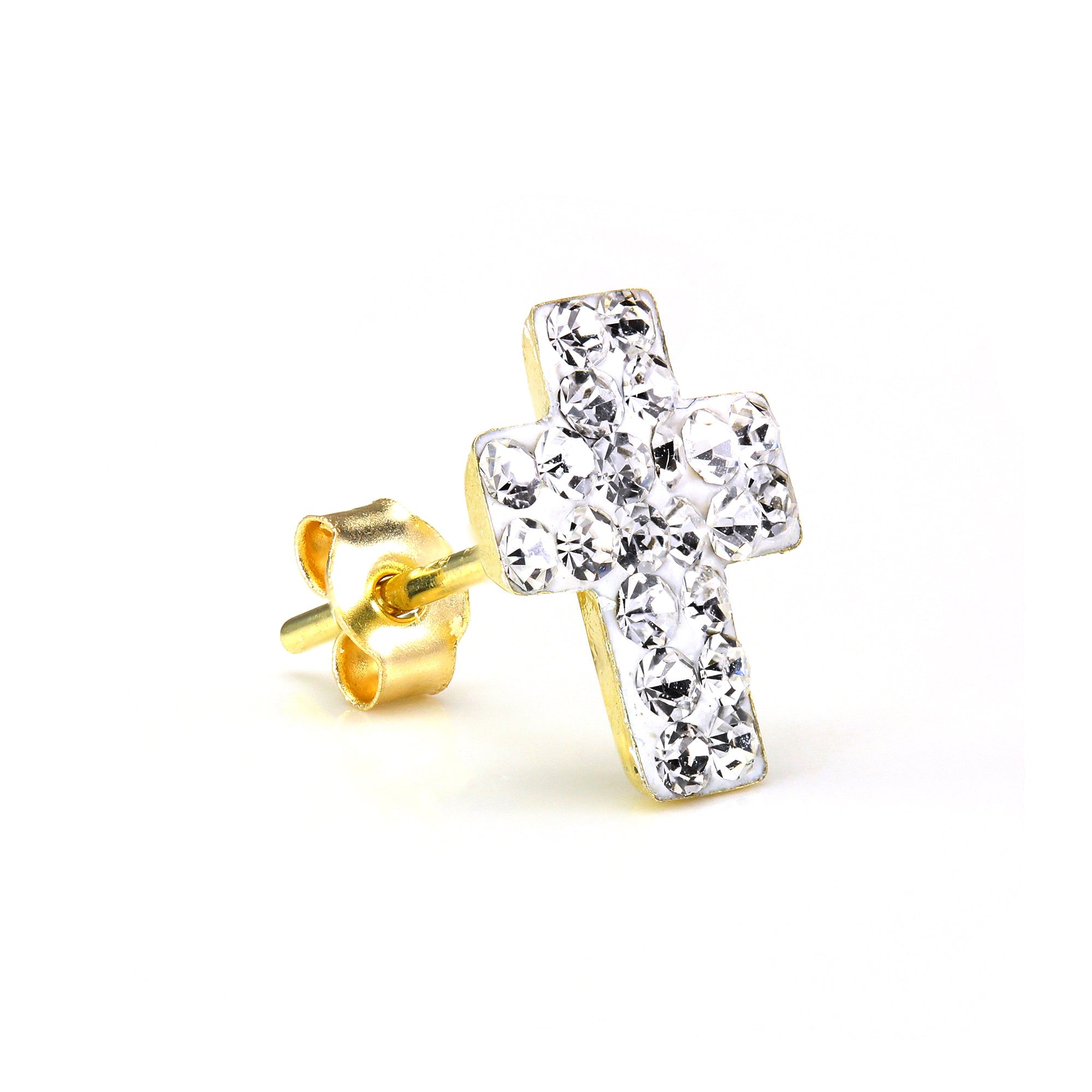 9 Karat Gold & Klar CZ Kristall Verkrustet Herren Einzel Kreuz Ohrstecker 