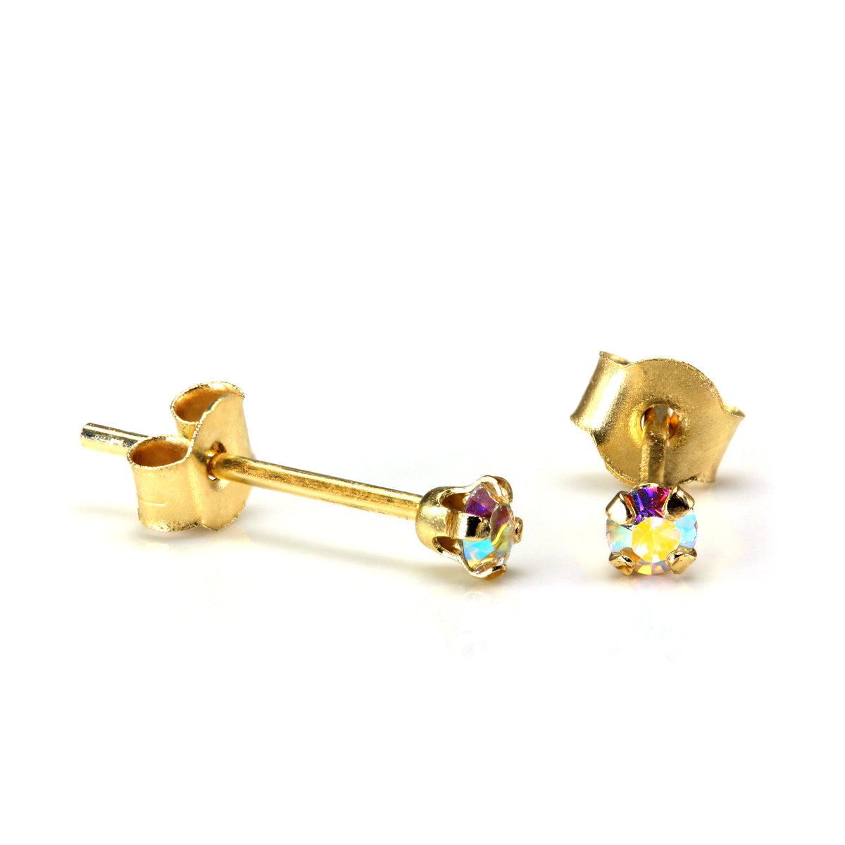 Runde Ohrstecker aus 9 Karat Gold mit Kristall, 2 mm, 7 Farben