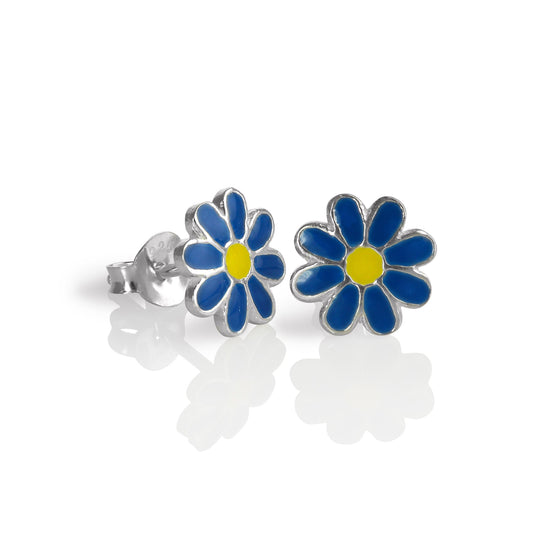 Sterlingsilber & Emaille Flach Blume Ohrstecker - Blau