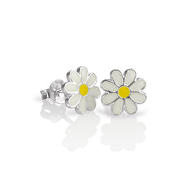 Sterlingsilber & Emaille Flach Blume Ohrstecker - Weiß