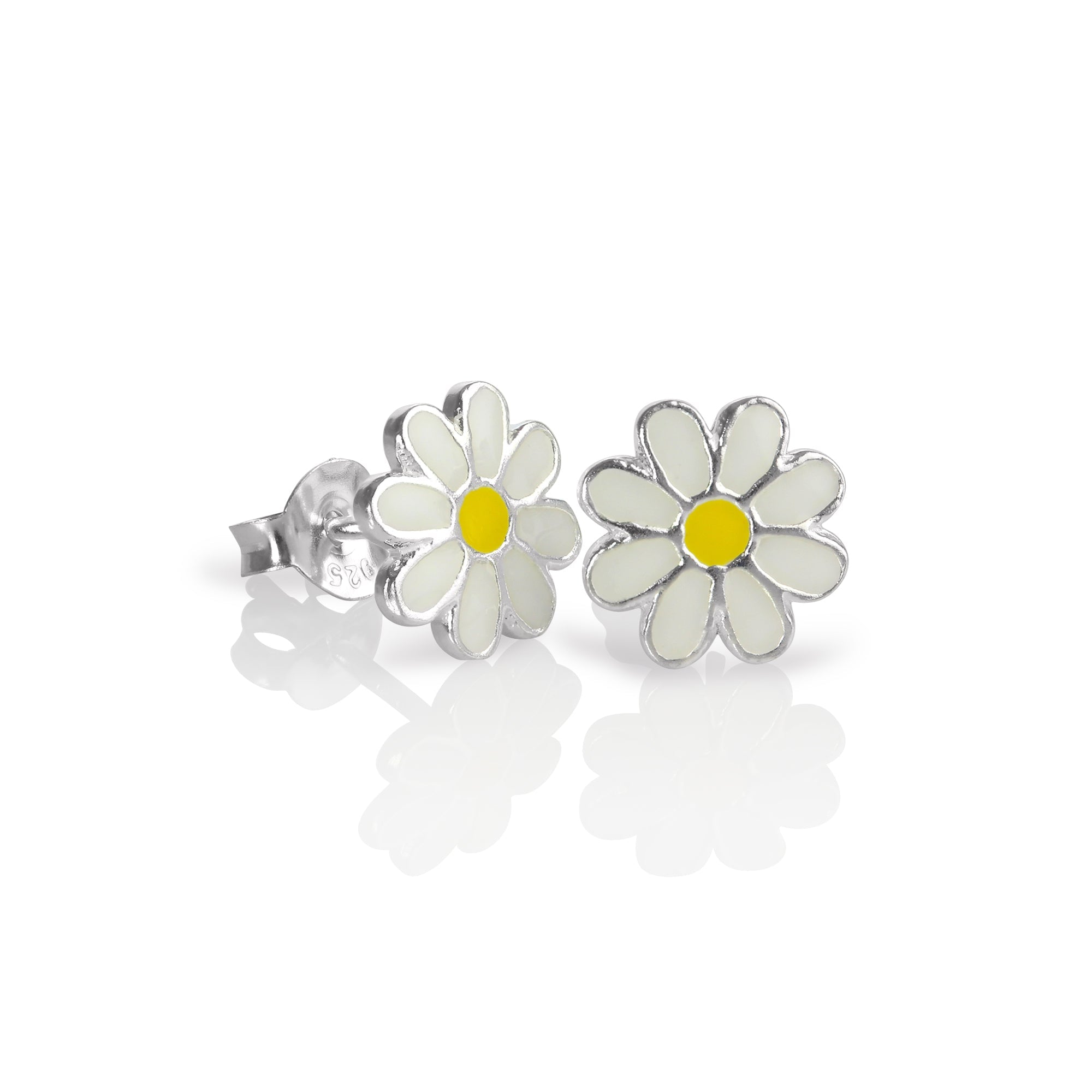 Sterlingsilber & Emaille Flach Blume Ohrstecker - Weiß