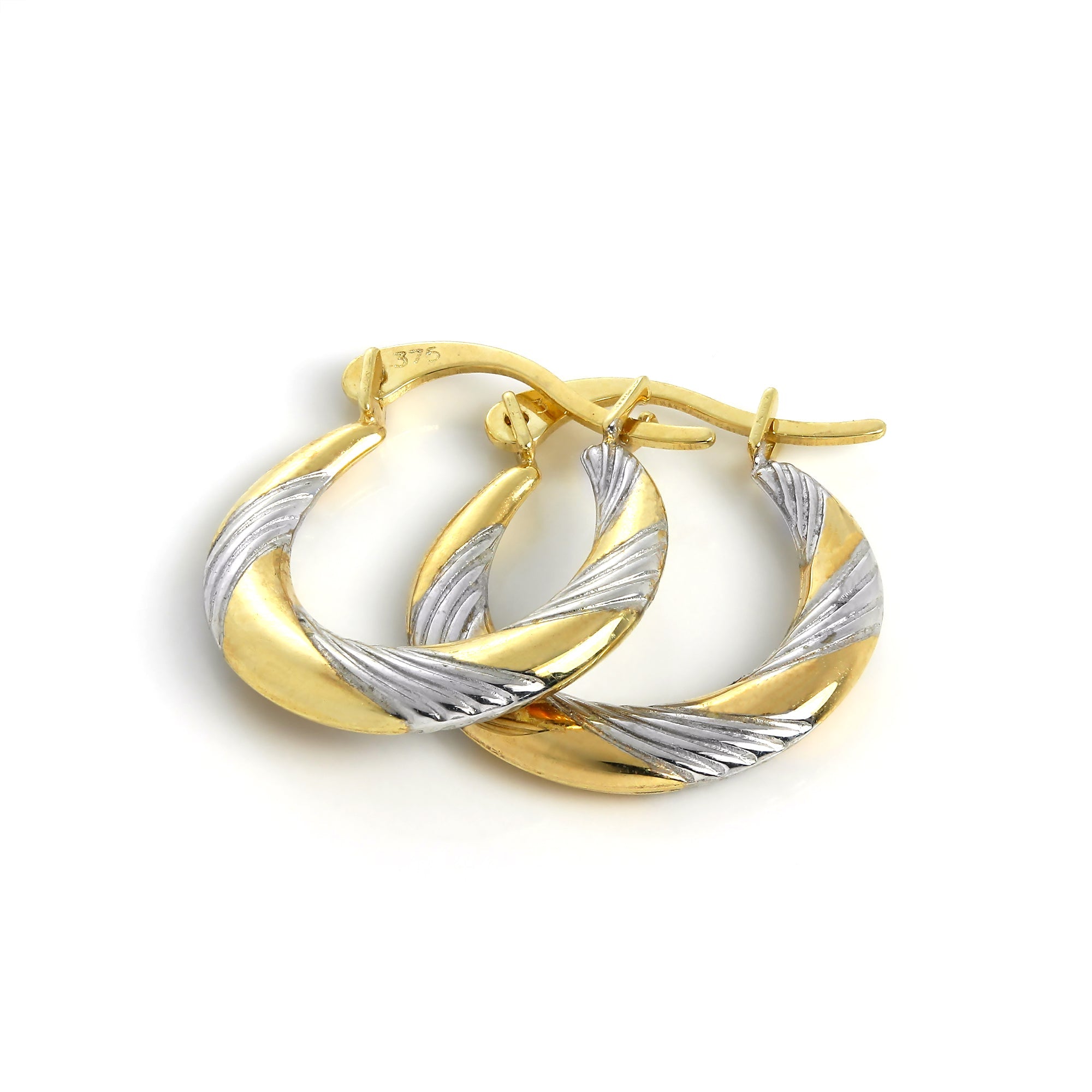 9 Karat Weiß & Gelbgold Gedreht 13 mm Creolen Ohrringe