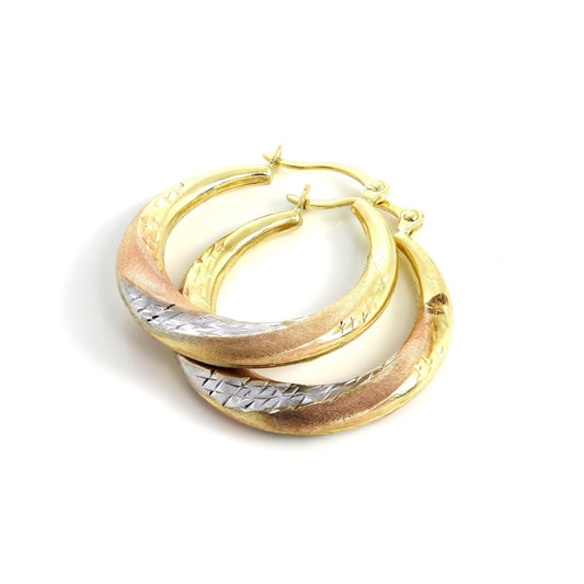 9ct Yellow Rose & White Gold Twisted 20mm Diamond Cut Hoop Earrings - jewellerybox