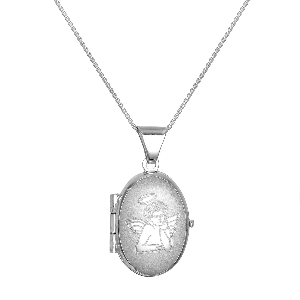 Kleines ovales Medaillon aus mattem Sterlingsilber mit Engel an einer Kette
