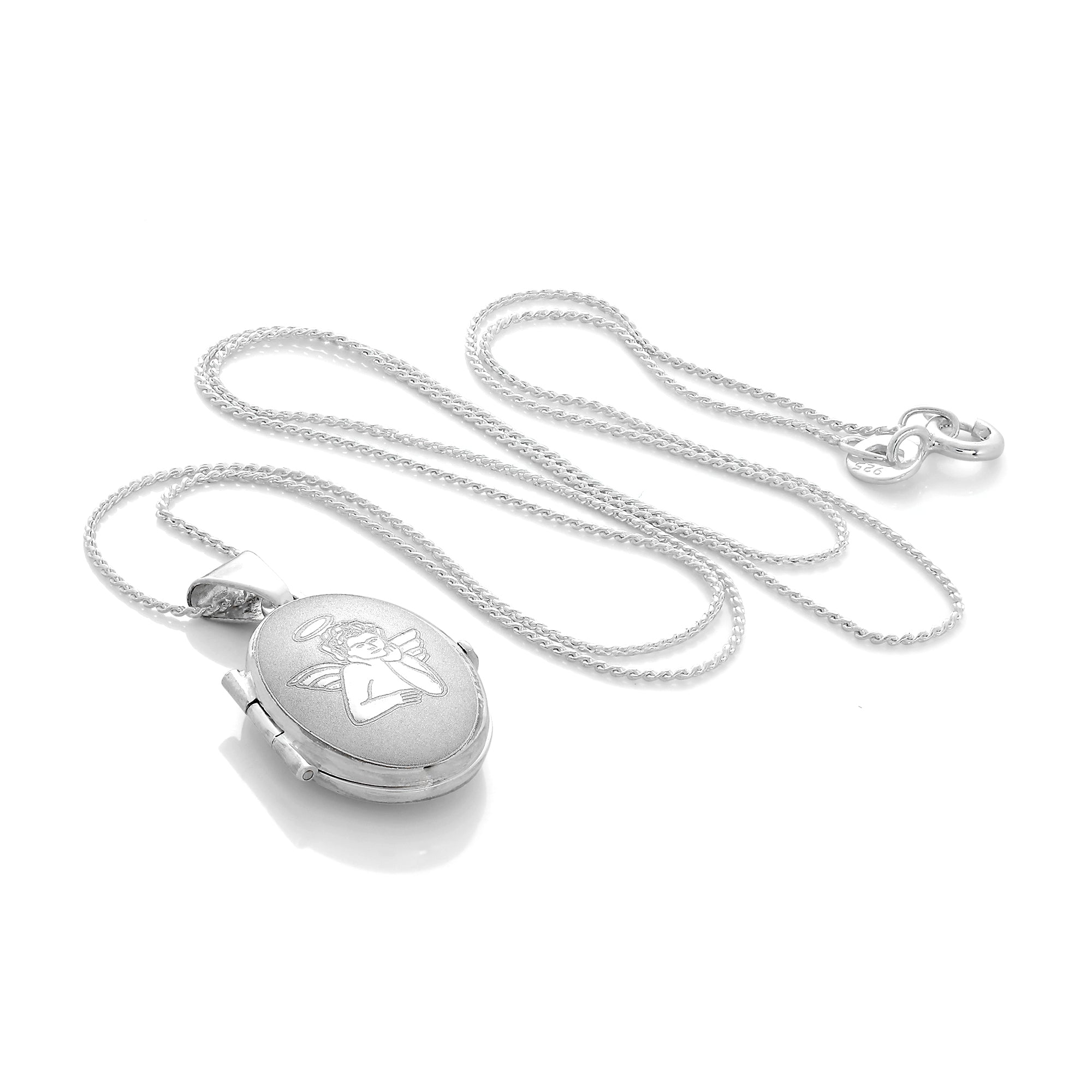 Kleines ovales Medaillon aus mattem Sterlingsilber mit Engel an einer Kette