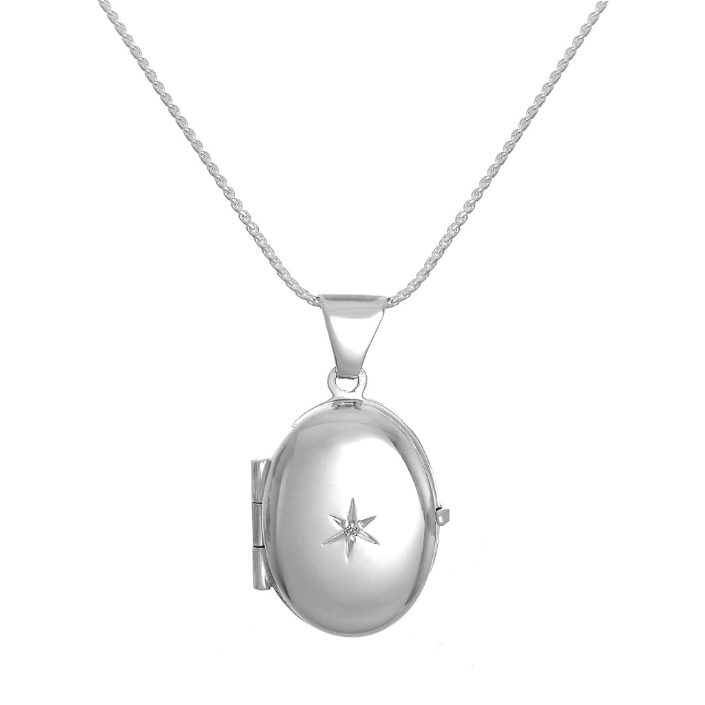 Kleines ovales Sterlingsilber Medaillon mit Diamant an Kette