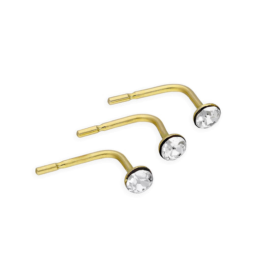 3er Satz 9 Karat Gold & Klar CZ Kristall 23Ga Nasenstecker 