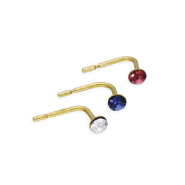 3er Satz 9 Karat Gold & Farbig CZ Kristall 23Ga Nasenstecker Dunkelrosa Blau Klar