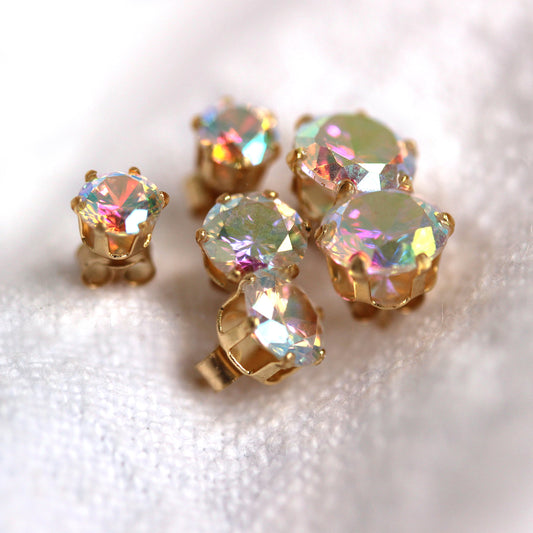 9ct Gelbgold & Aurora Borealis CZ Kristall Ohrstecker 4mm - 6mm