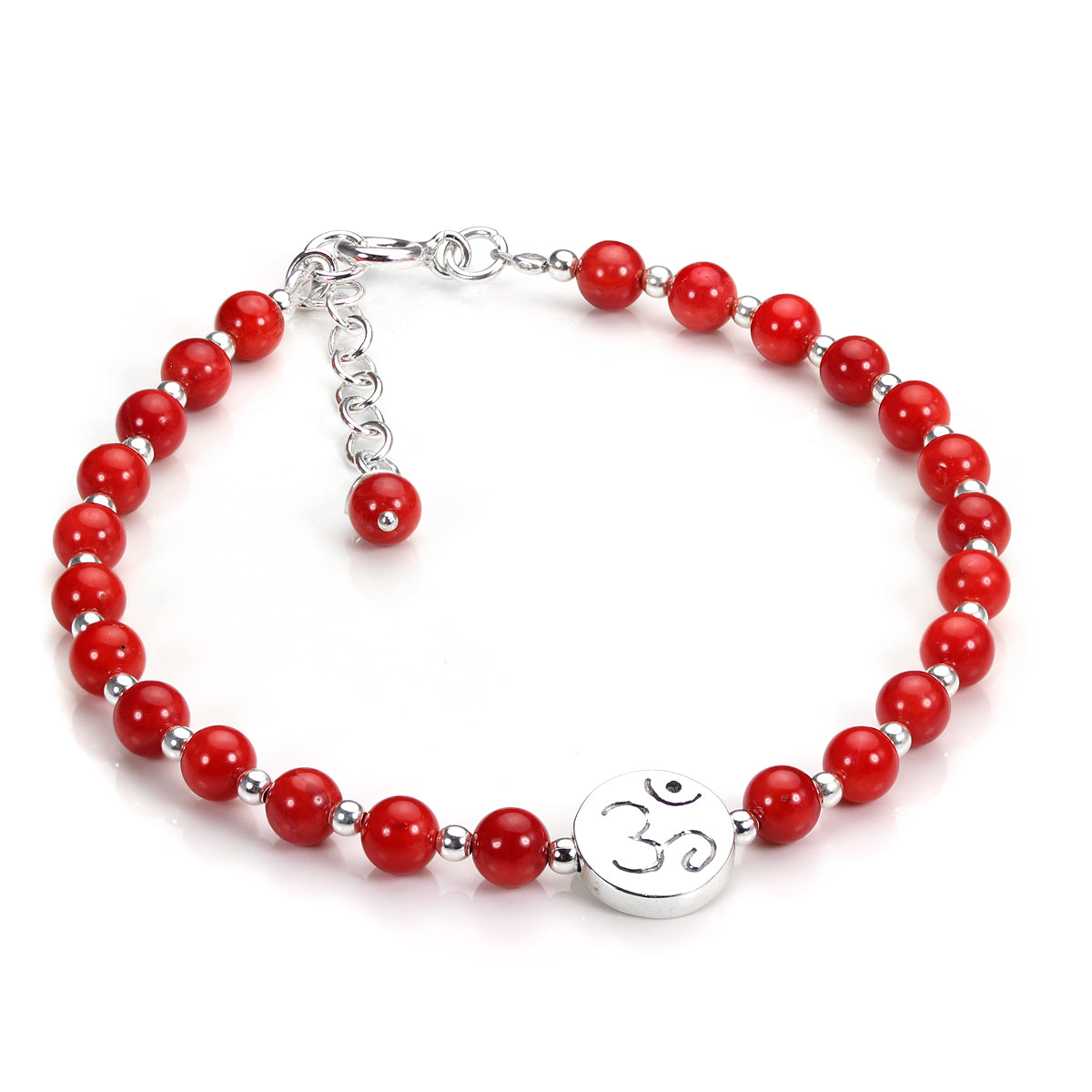 Sterlingsilber & Rot Koralle Verstellbar Armband mit Om Symbol Schild