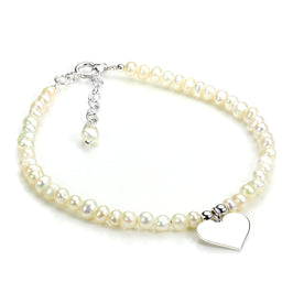 Sterlingsilber & Weiß Süßwasserperle Verstellbar Armband mit Herz Anhänger