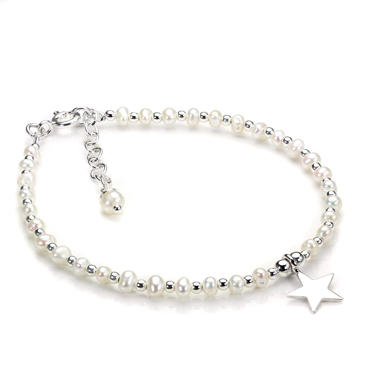 Sterlingsilber & Weiß Süßwasserperle Armband mit Stern Anhänger