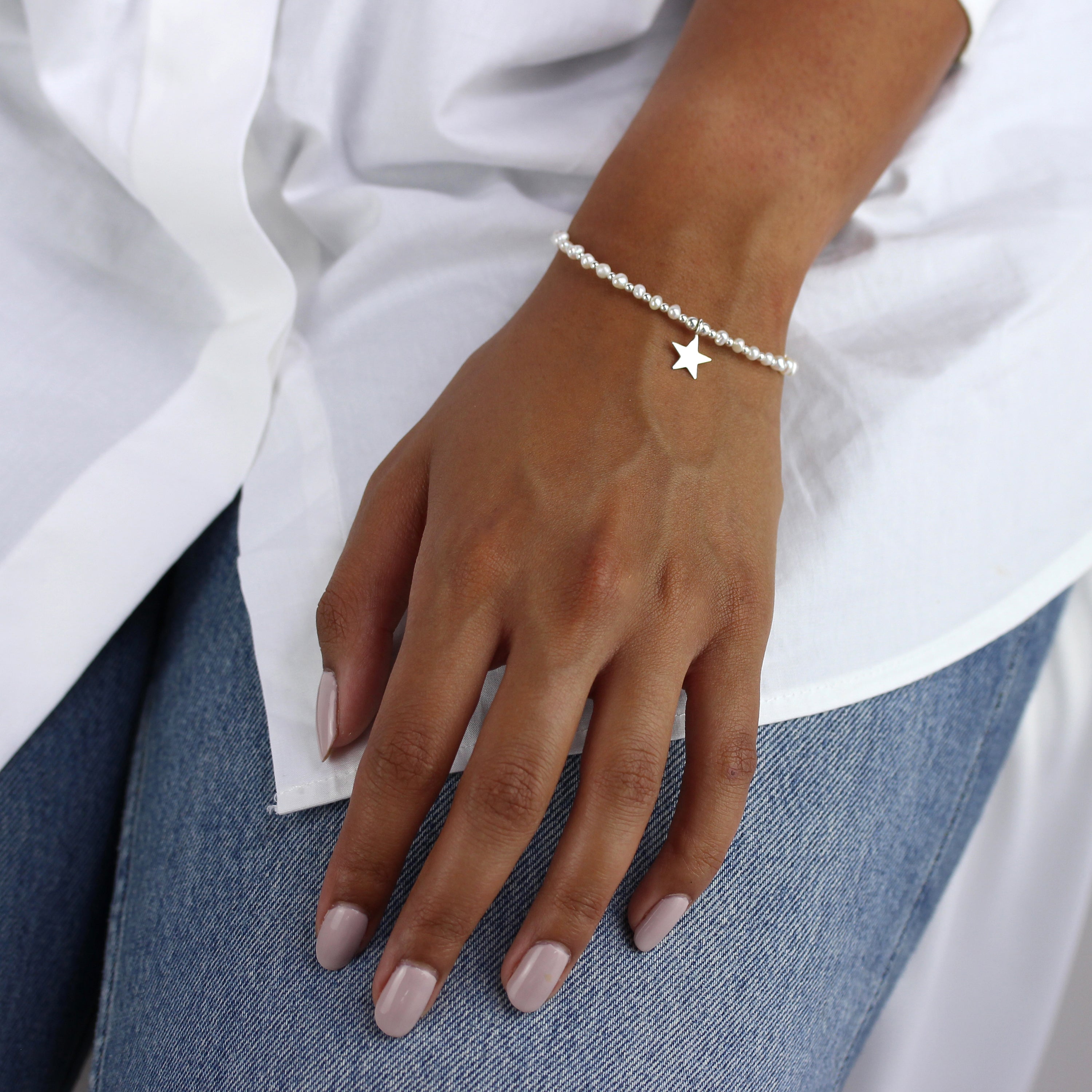 Sterlingsilber & Weiß Süßwasserperle Armband mit Stern Anhänger