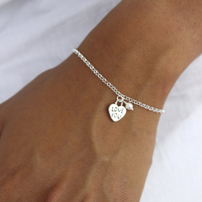 Sterlingsilber Rolo Kette Armband mit "LOVE YOU" Herz Anhänger