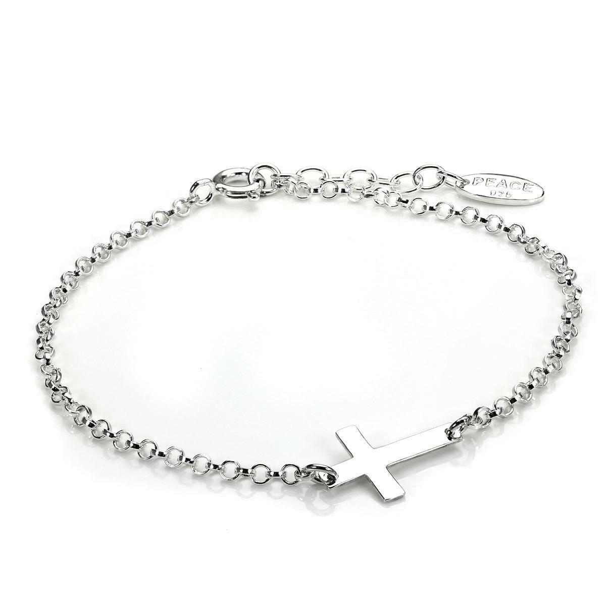 Sterling Silver Rolo Chain Adjustable Bracelet with Cross Charm
