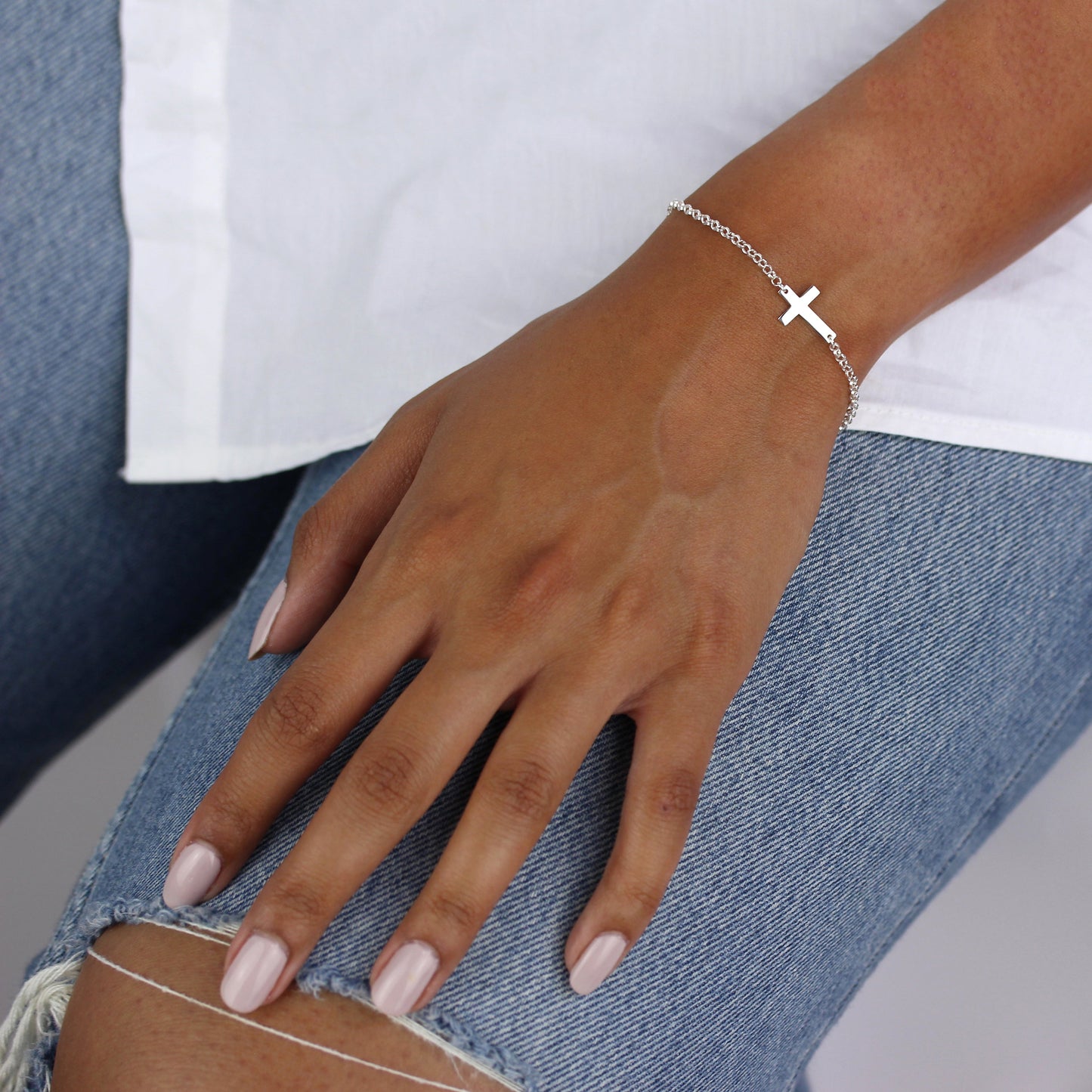 Sterlingsilber Rolo Kette Verstellbar Armband mit Kreuz Anhänger