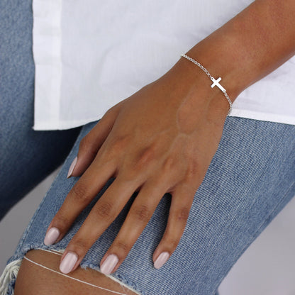 Sterlingsilber Rolo Kette Verstellbar Armband mit Kreuz Anhänger