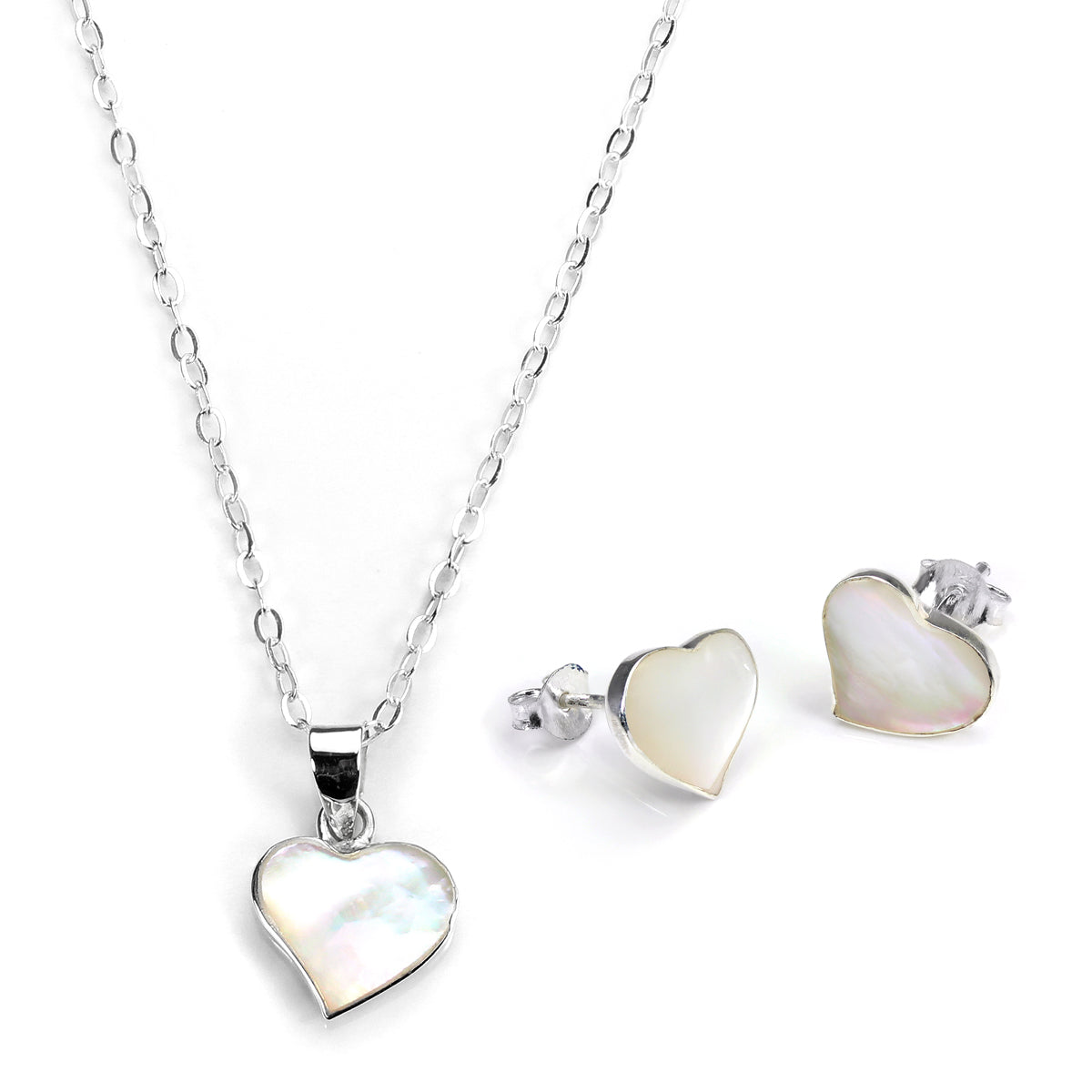 Ohrringe und Anhänger aus Sterlingsilber und Perlmutt in Herzform