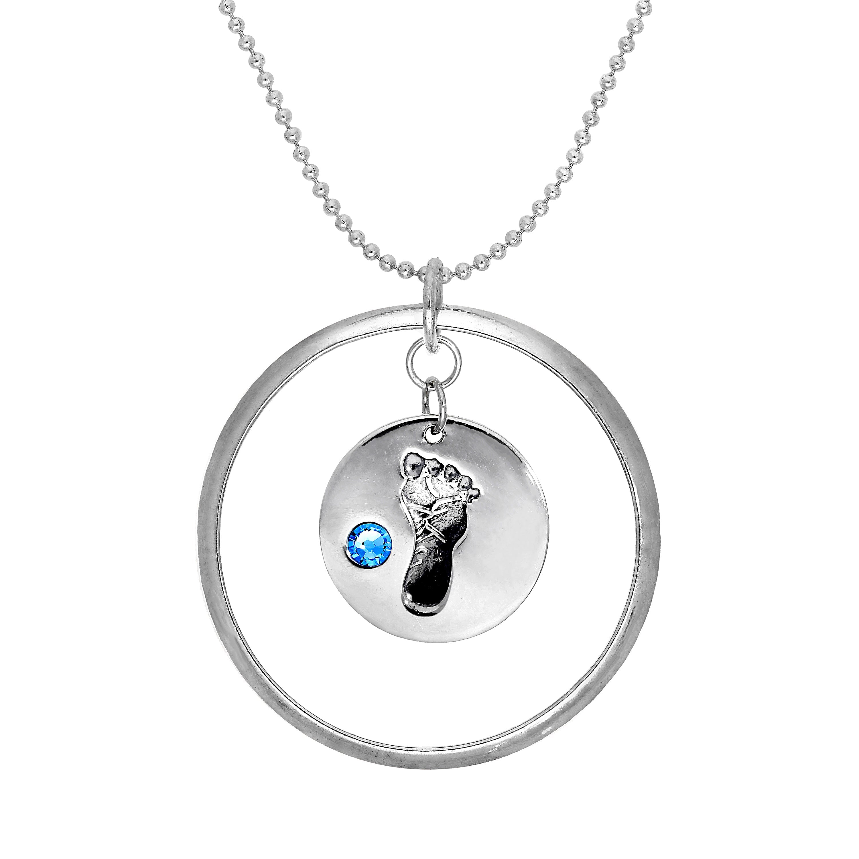 Sterlingsilber Karma Moments Anhänger mit Geburtsstein Baby Fußabdruck Charm auf Perlenkette Halskette