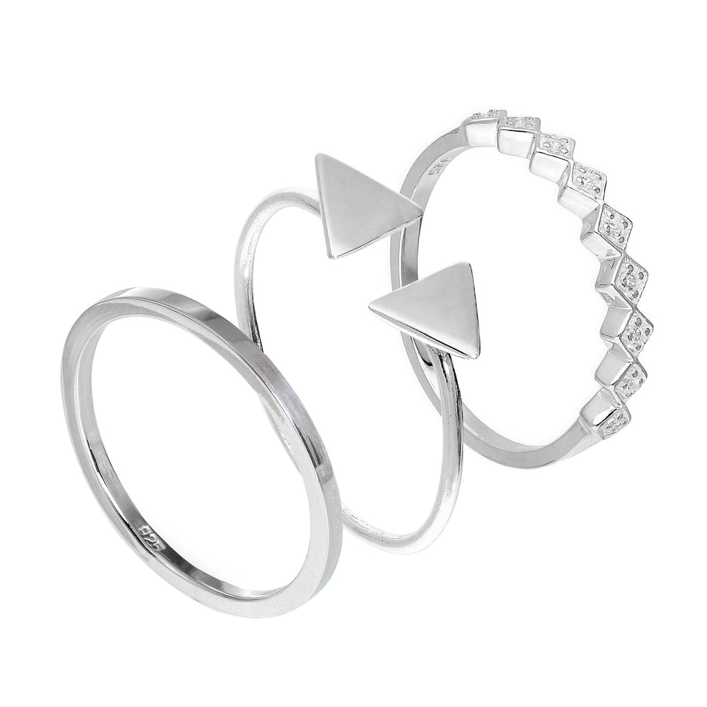 Sterlingsilber dreieckige CZ quadratische geometrische Stapelringe im Set