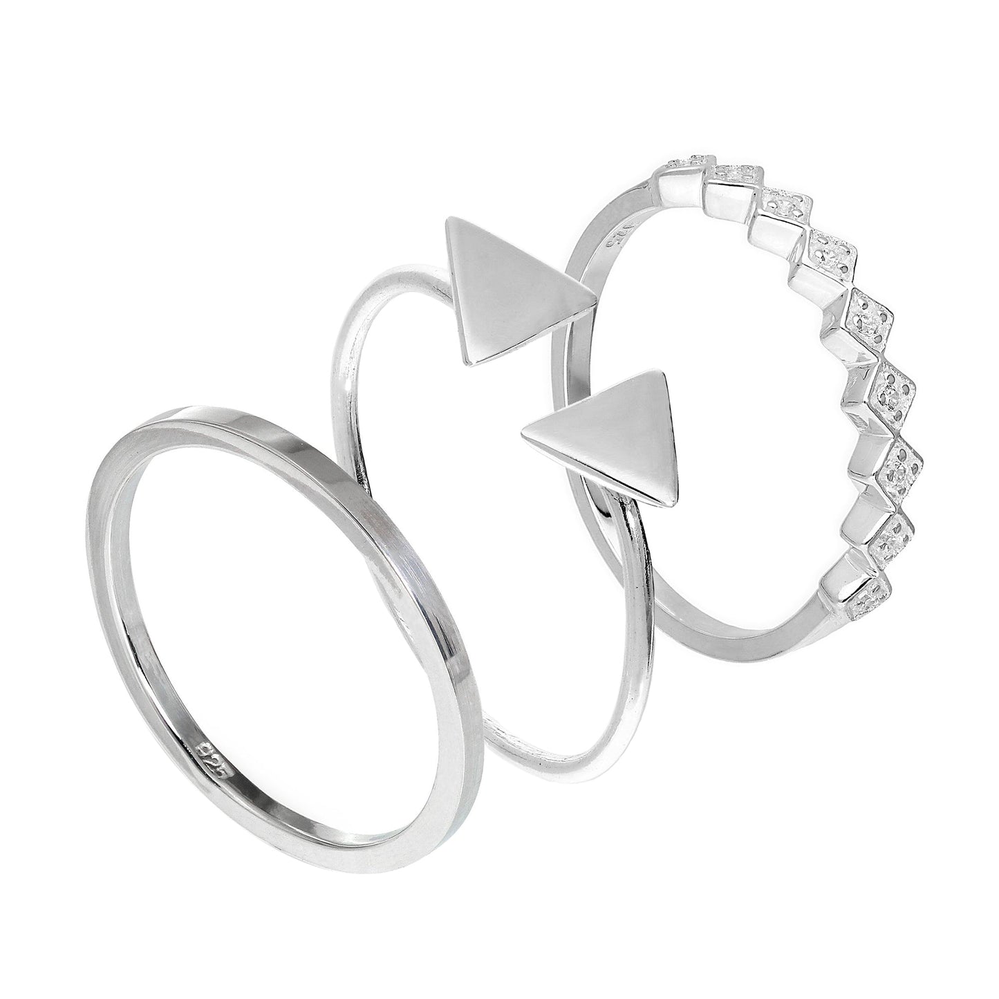 Sterling Silber dreieckige CZ quadratische geometrische Stapelringe im Set