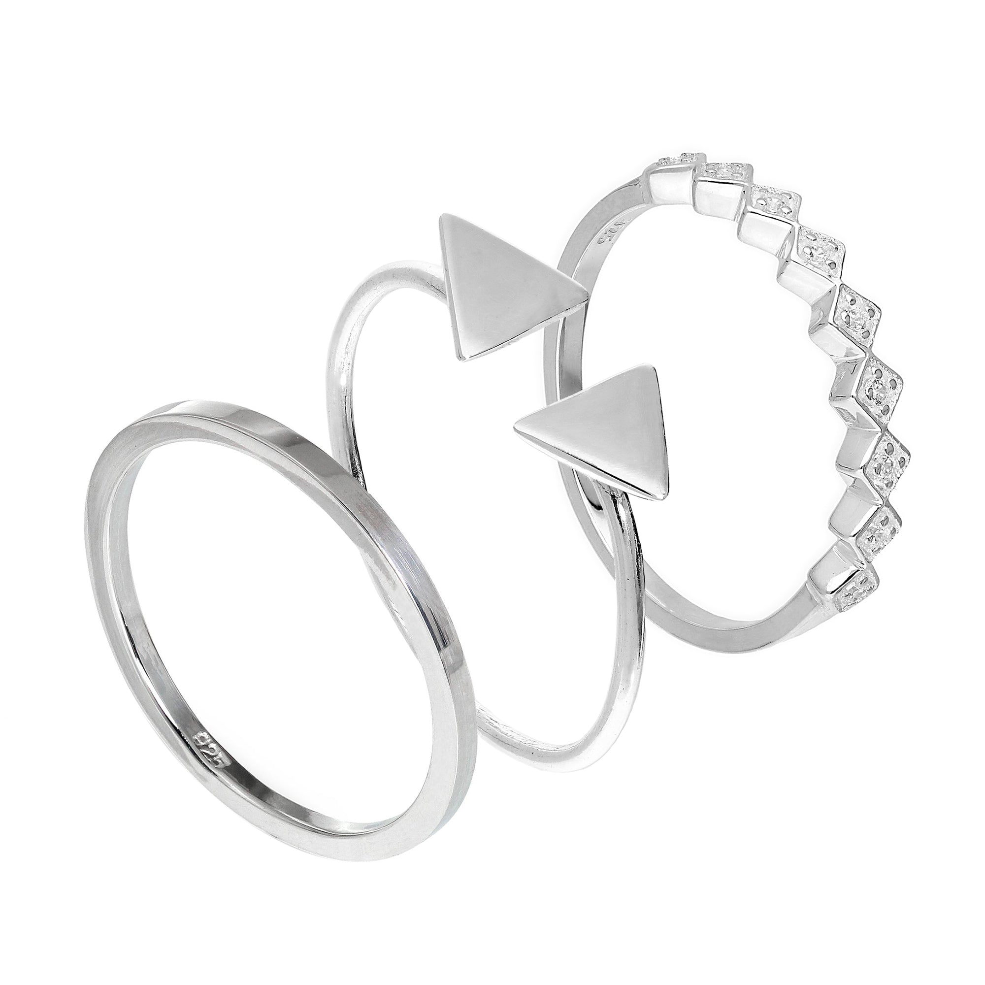 Sterlingsilber dreieckige CZ quadratische geometrische Stapelringe im Set