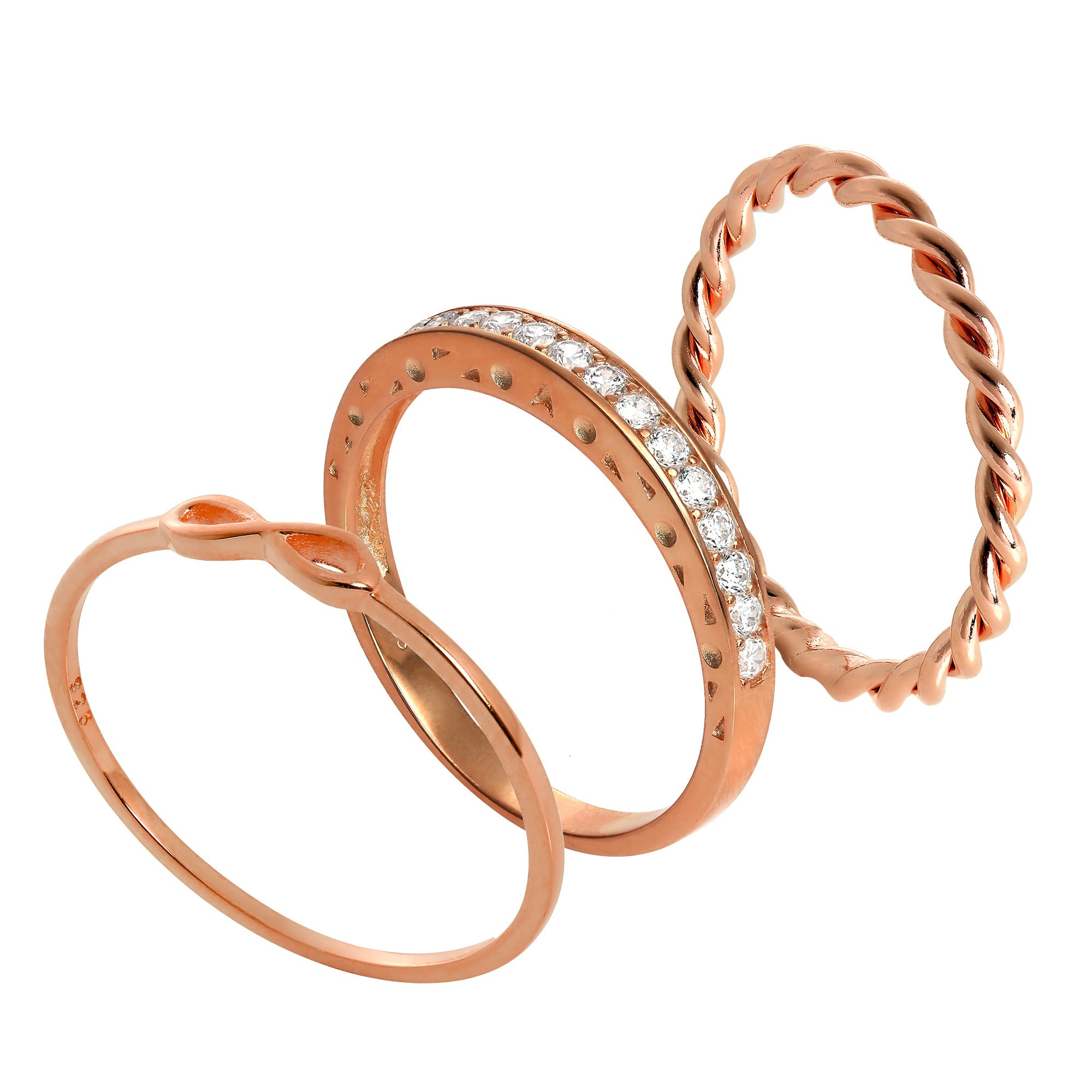 Roségold plattiertes Sterlingsilber Infinity verdrehte CZ Stapelringe im Set